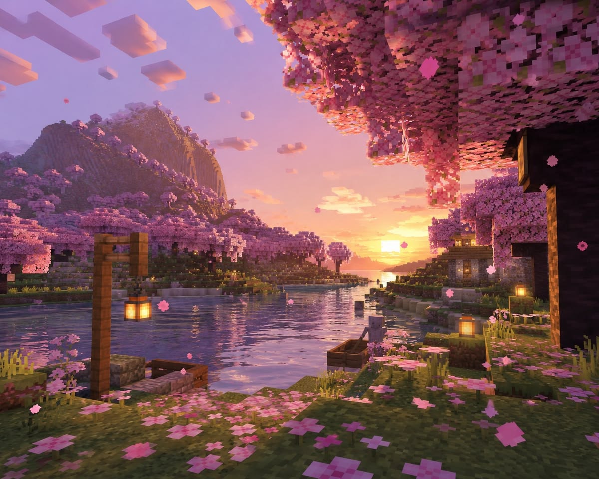 Minecraft landscape with structures