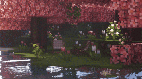 Dark cherry blossom pond in Minecraft